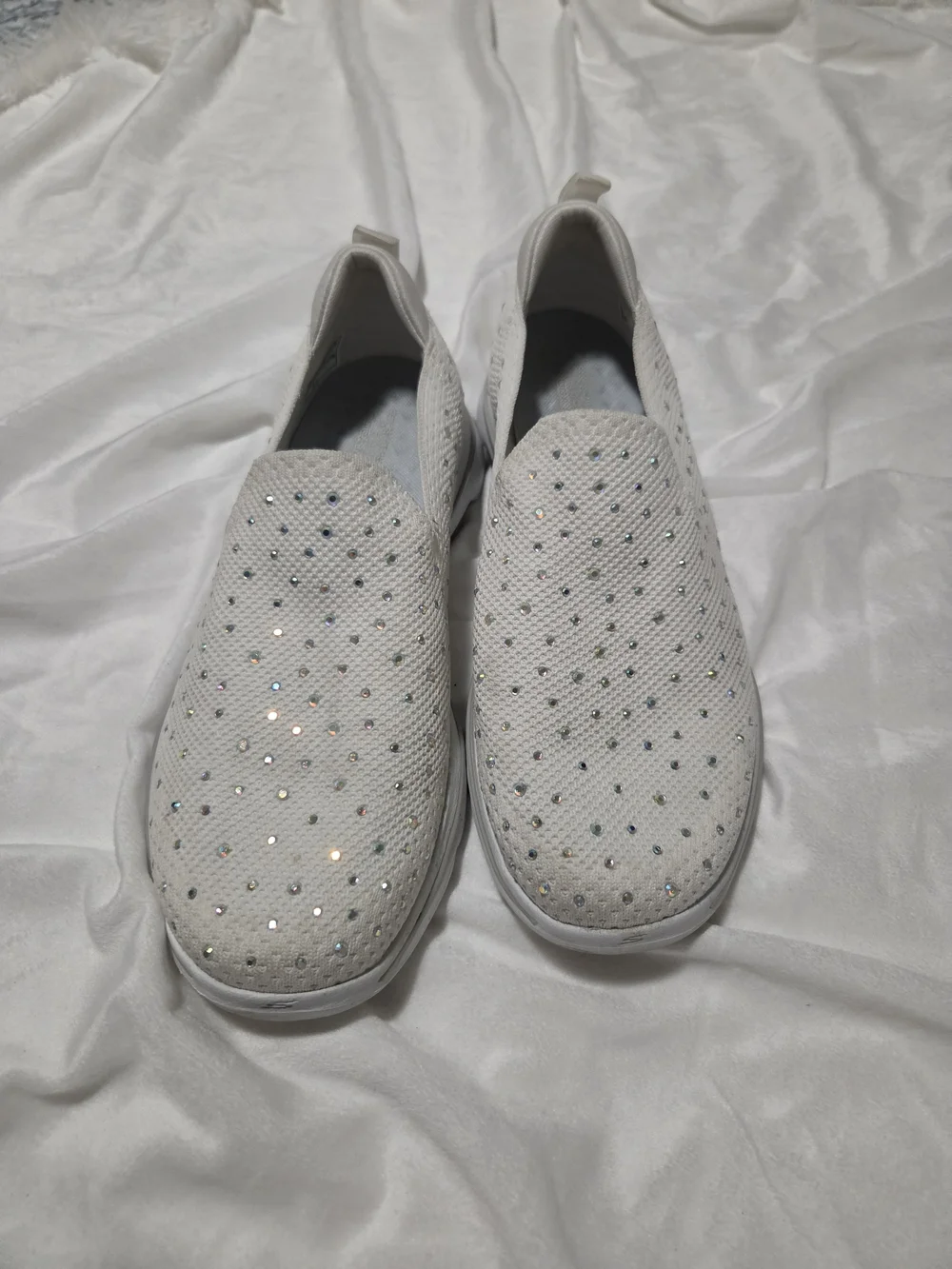 Skechers Women's White Slip-On Crystal-Embellished Knit Sneakers